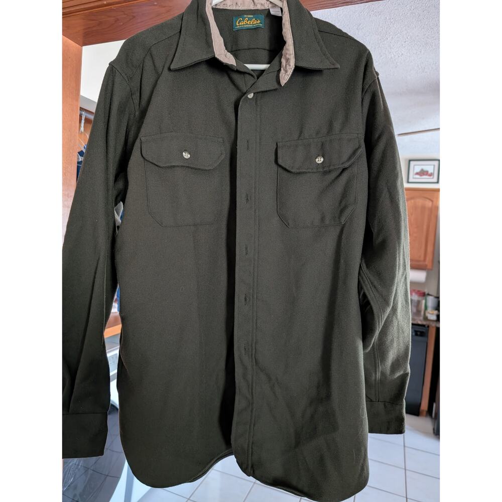 Vintage Cabelas Fleece Shirt Mens XL Olive Green Corduroy Collar Made In USA
